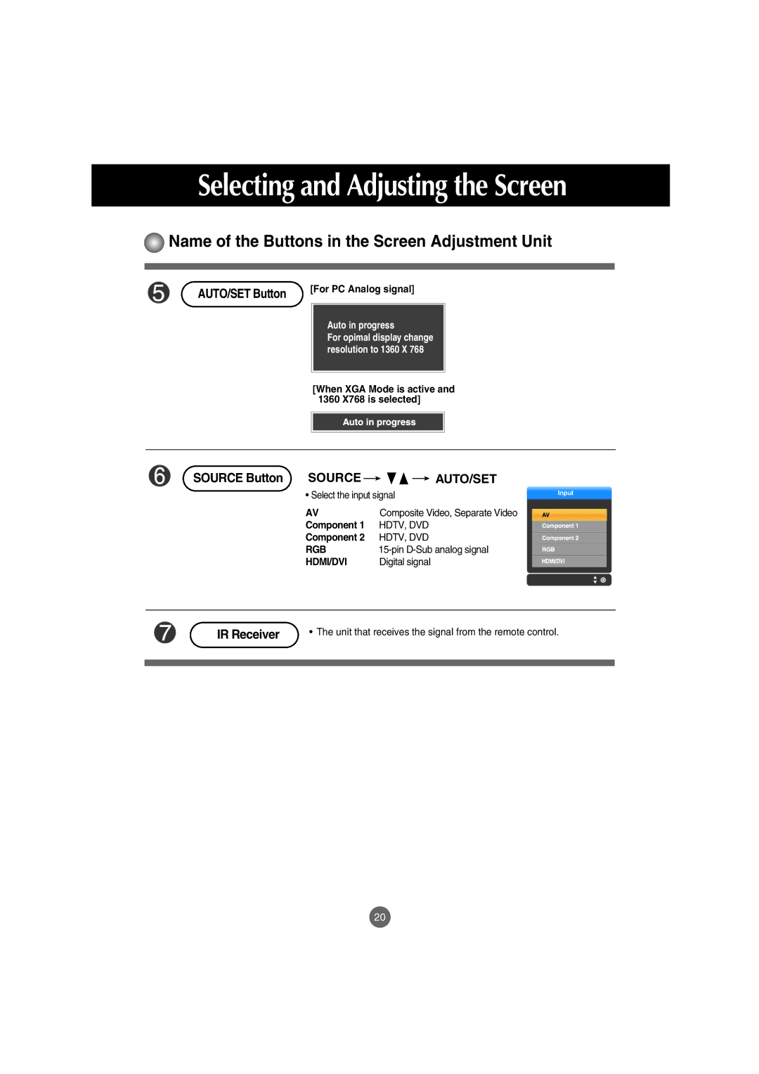 LG Electronics M4210C manual When XGA Mode is active and 1360 X768 is selected, Component 