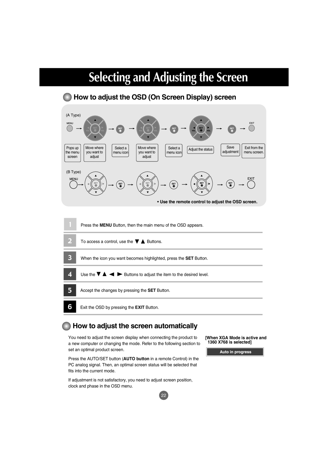 LG Electronics M4210C manual How to adjust the OSD On Screen Display screen, How to adjust the screen automatically 