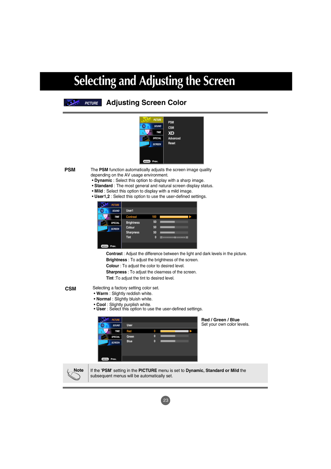 LG Electronics M4210C manual Adjusting Screen Color, Csm 