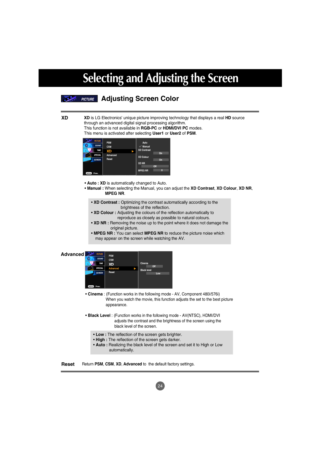 LG Electronics M4210C manual Selecting and Adjusting the Screen, Advanced 