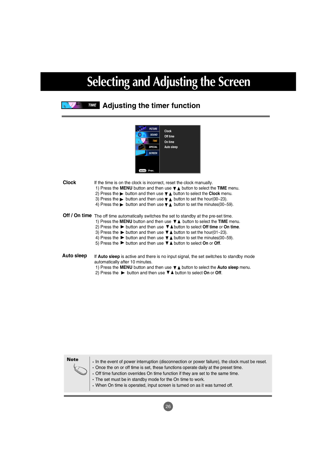 LG Electronics M4210C manual Adjusting the timer function, Clock, Off / On time Auto sleep 