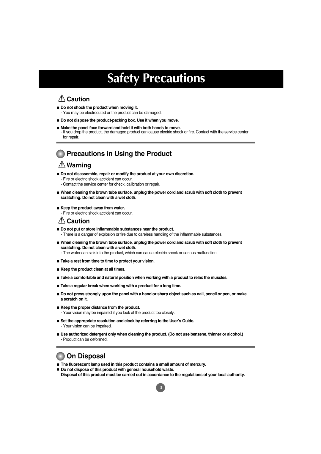 LG Electronics M4210C manual Precautions in Using the Product, On Disposal, Do not shock the product when moving it 