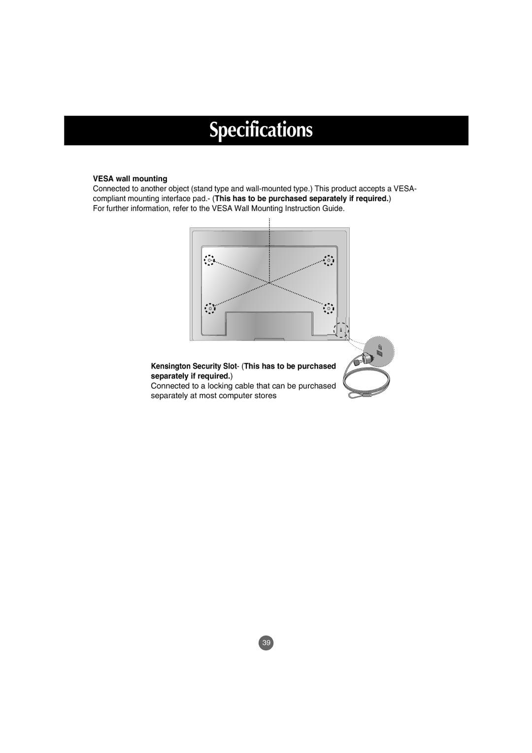 LG Electronics M4210C manual Vesa wall mounting 