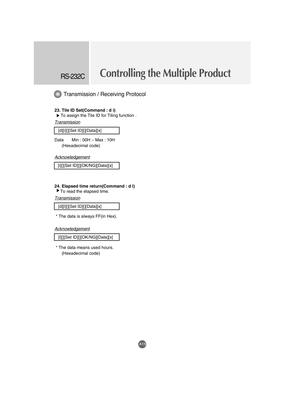 LG Electronics M4210C manual Tile ID SetCommand d, Elapsed time returnCommand d l 