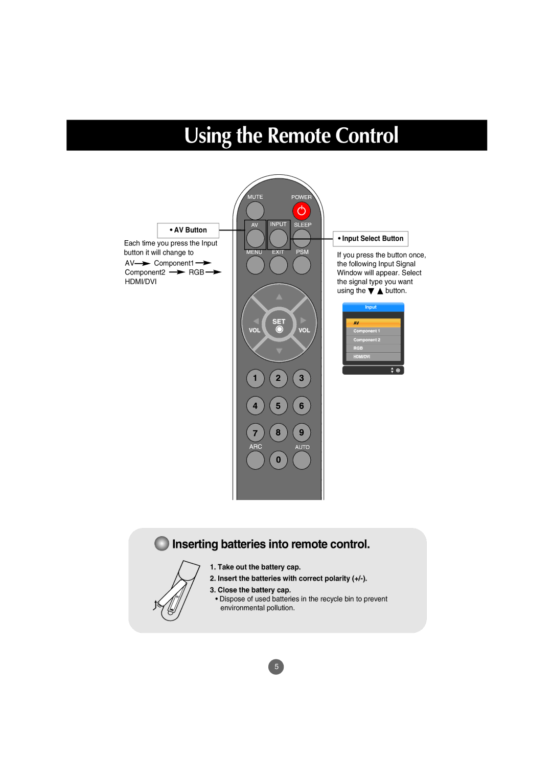 LG Electronics M4210C manual Inserting batteries into remote control 