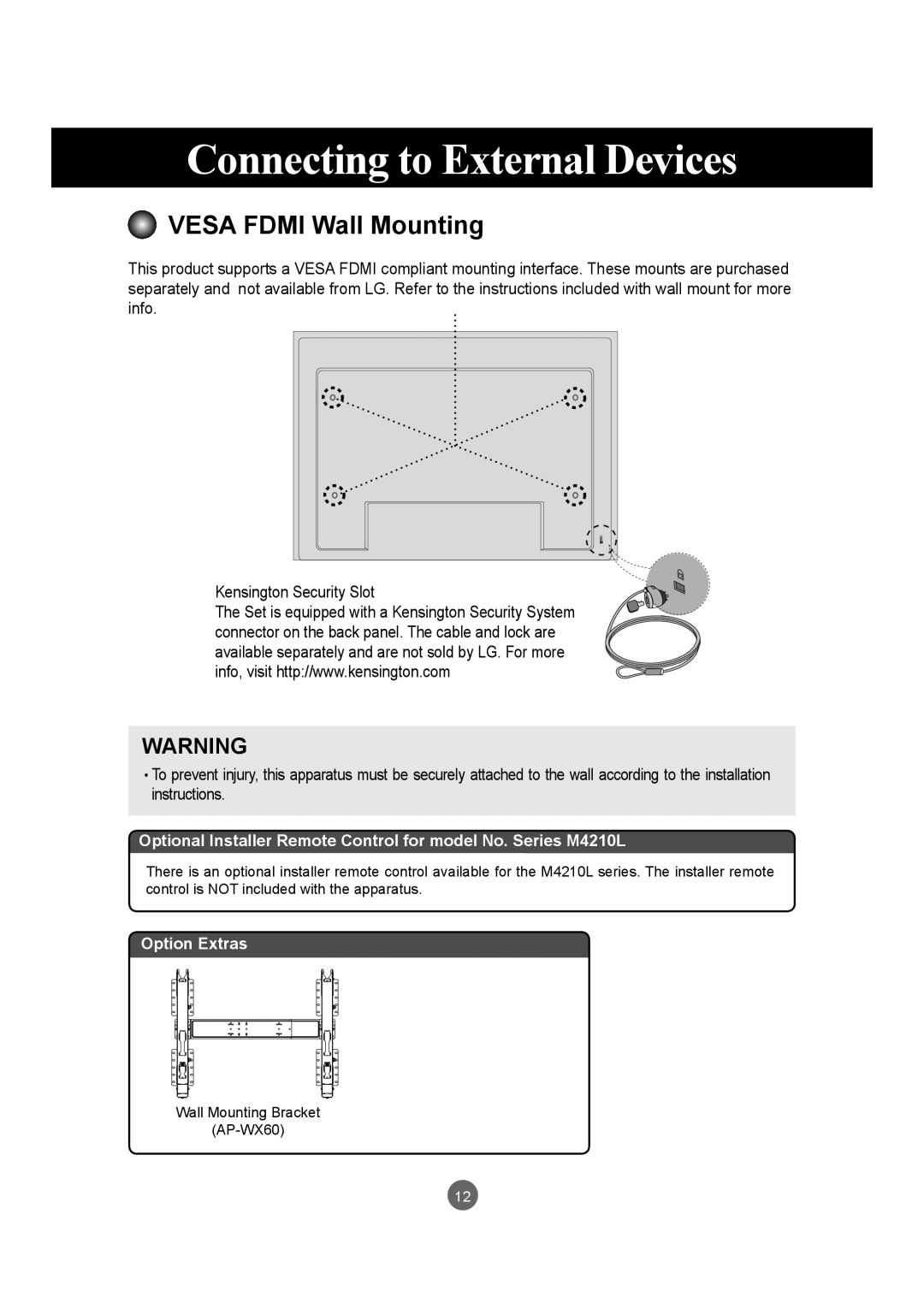 LG Electronics M4210LCBA owner manual Vesa Fdmi Wall Mounting 