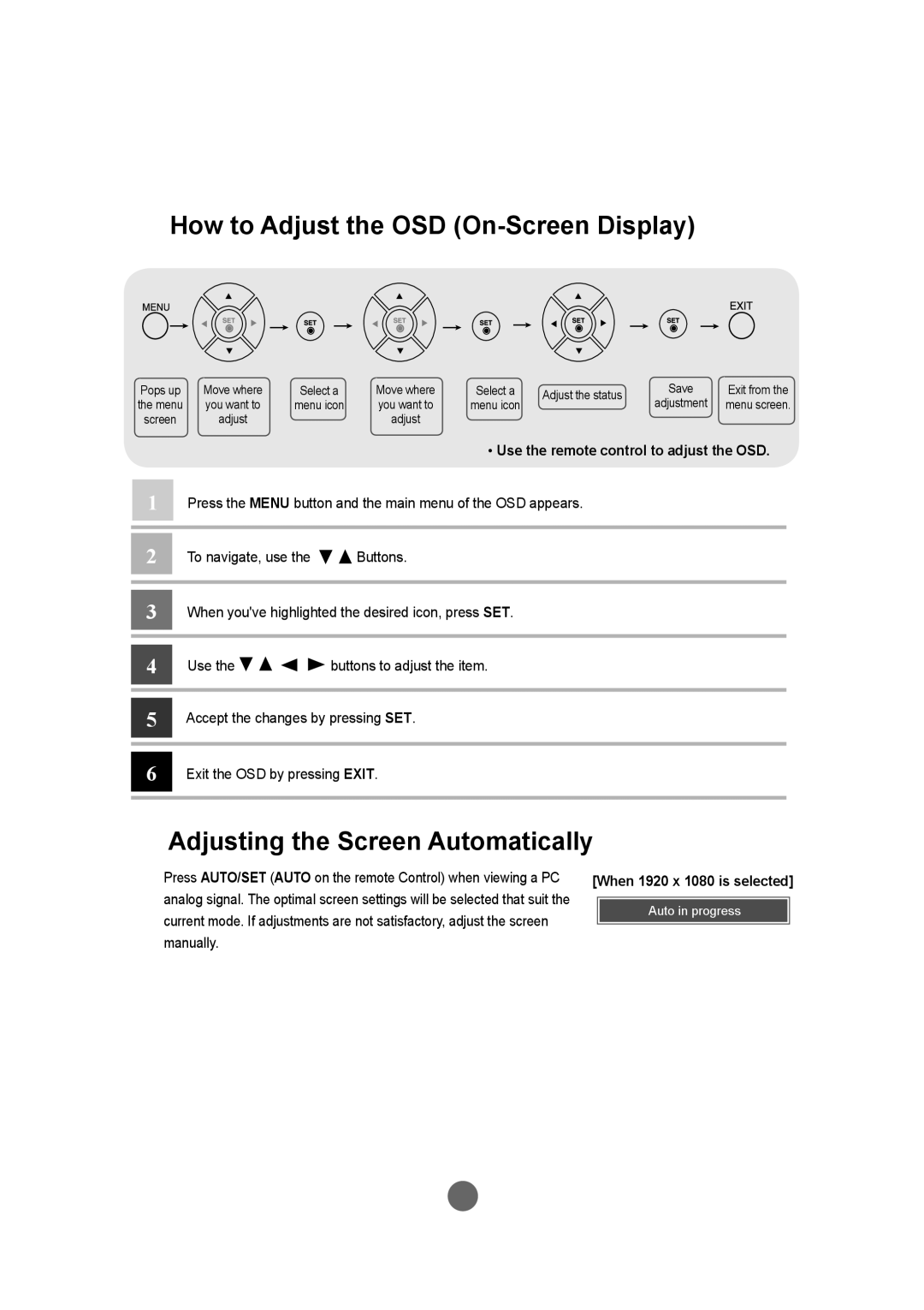 LG Electronics M4210LCBA owner manual How to Adjust the OSD On-Screen Display, Adjusting the Screen Automatically 