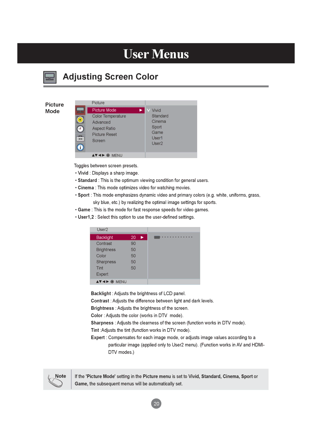 LG Electronics M4210LCBA owner manual Adjusting Screen Color, Picture Mode 