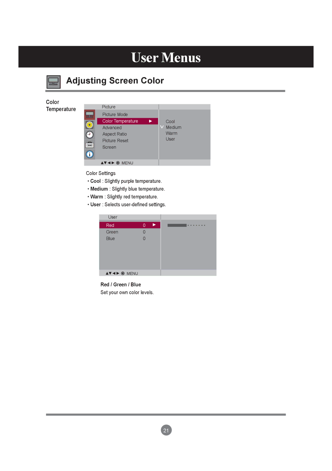 LG Electronics M4210LCBA owner manual Adjusting Screen Color, Red / Green / Blue 