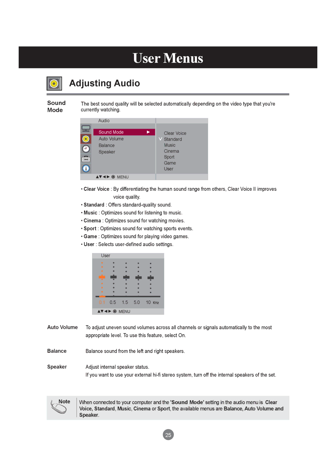 LG Electronics M4210LCBA owner manual Adjusting Audio, Auto Volume, Balance, Speaker 