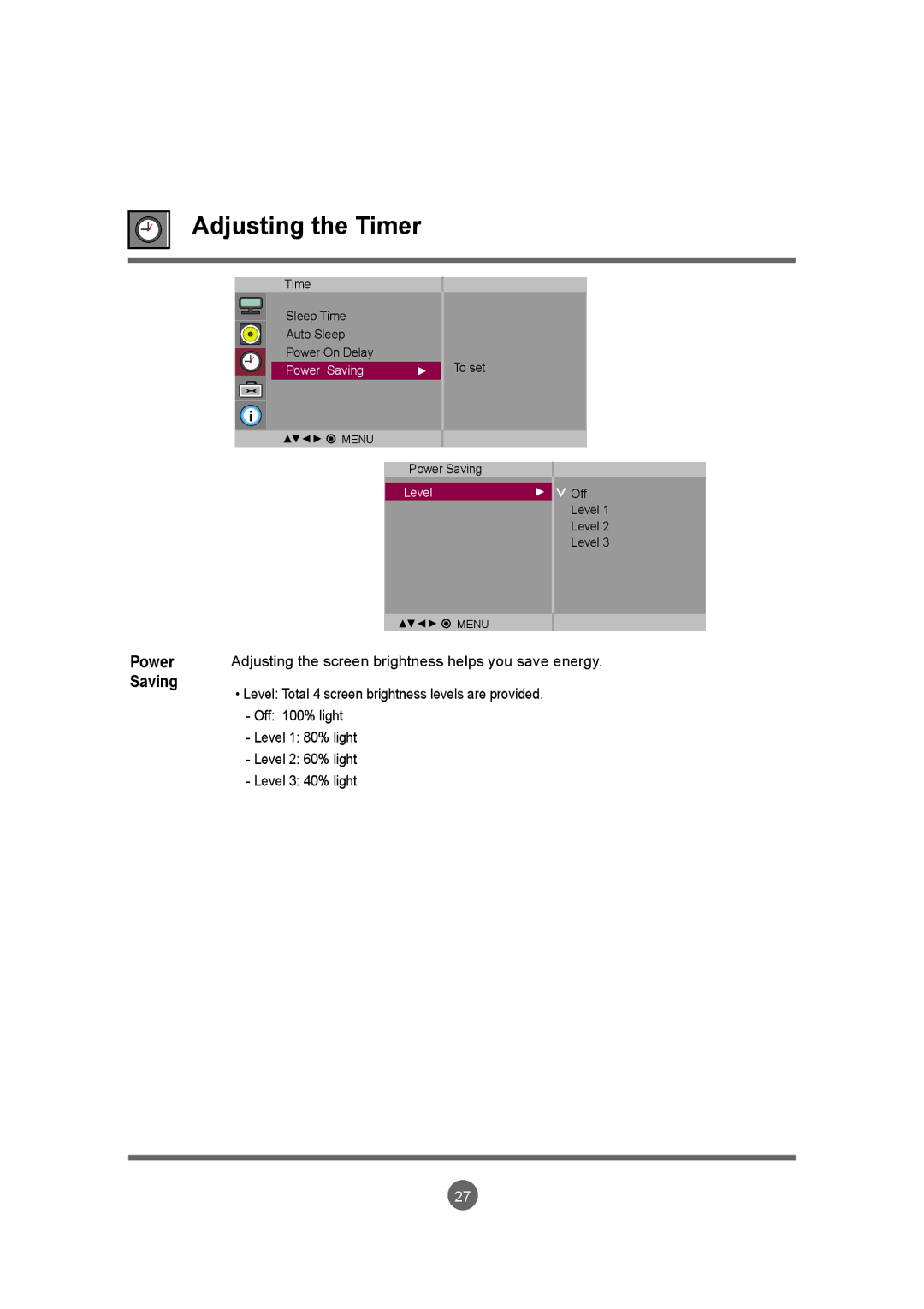 LG Electronics M4210LCBA owner manual Adjusting the Timer 