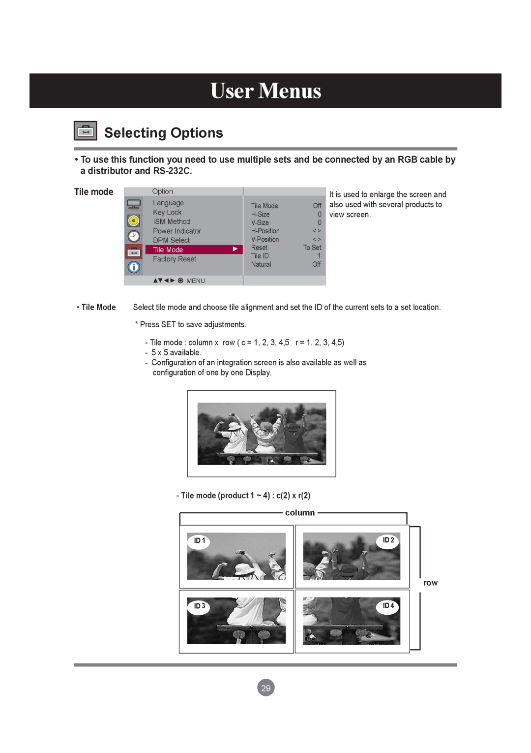 LG Electronics M4210LCBA owner manual Selecting Options, Row 