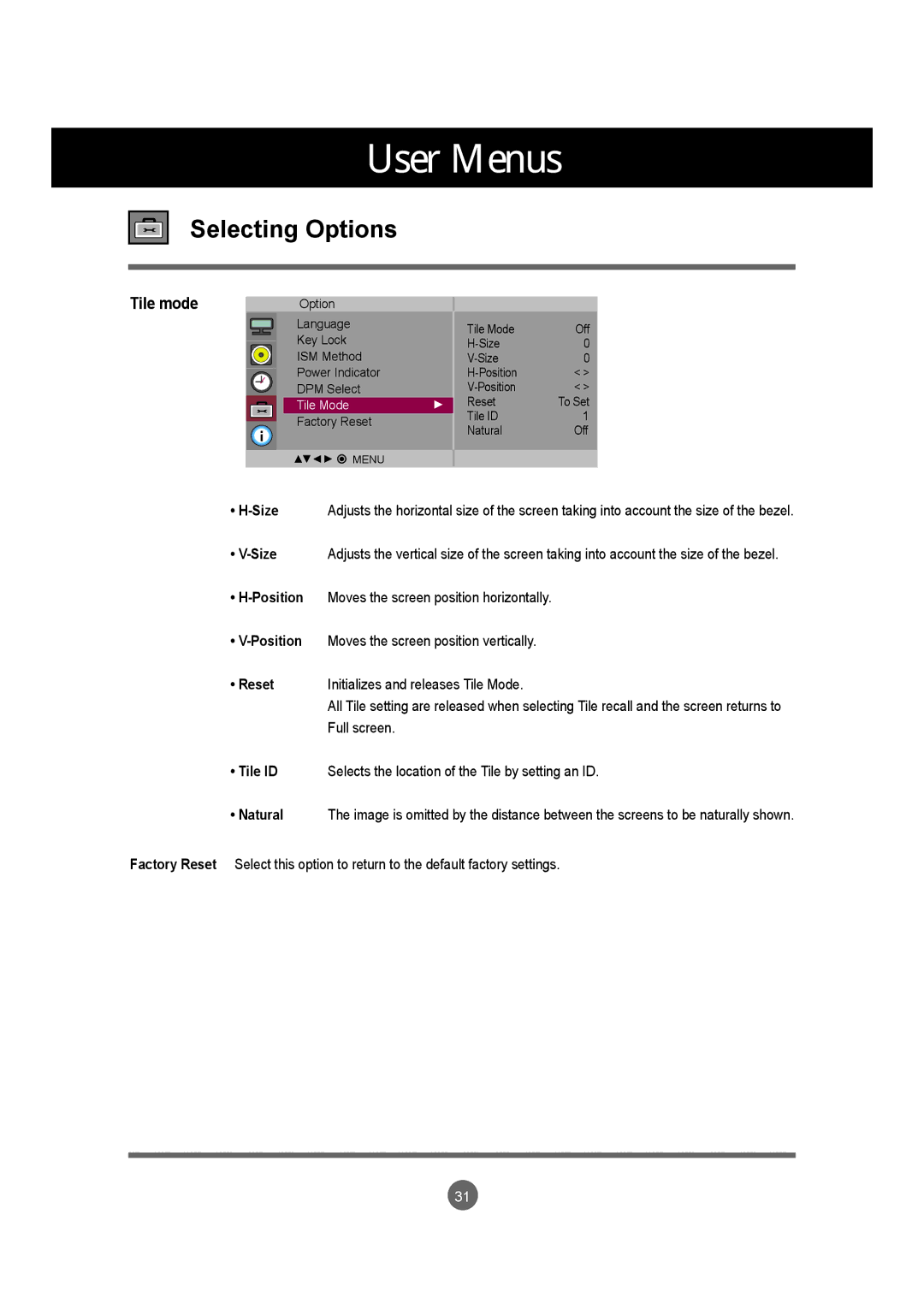 LG Electronics M4210LCBA owner manual Size, Reset, Tile ID 