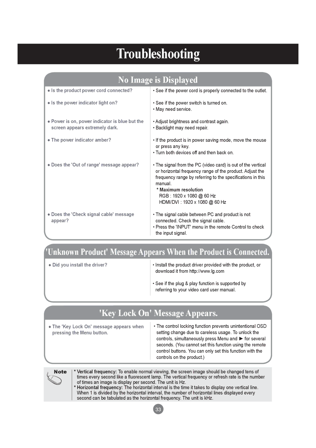 LG Electronics M4210LCBA owner manual Troubleshooting, Maximum resolution 