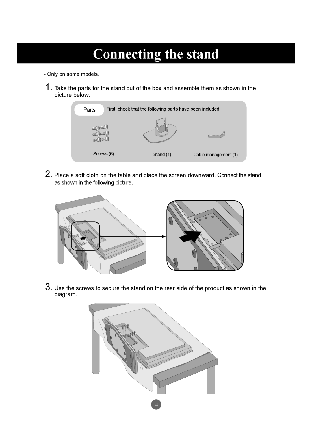 LG Electronics M4210LCBA owner manual Connecting the stand, Parts 