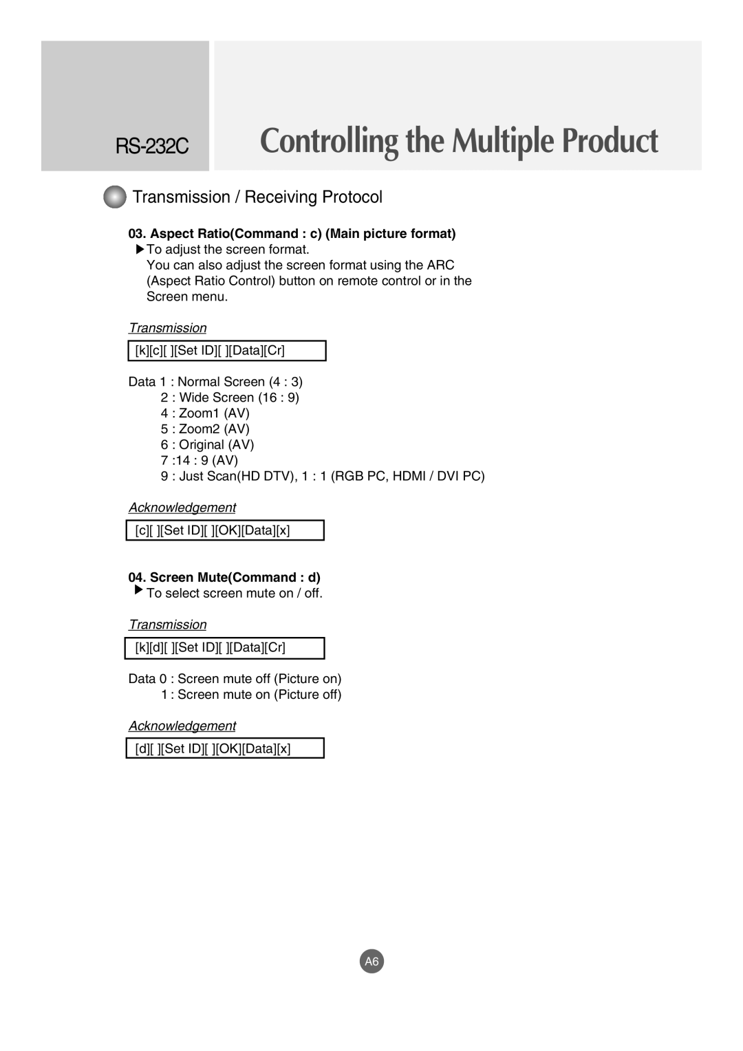 LG Electronics M4210LCBA owner manual Aspect RatioCommand c Main picture format, Screen MuteCommand d 