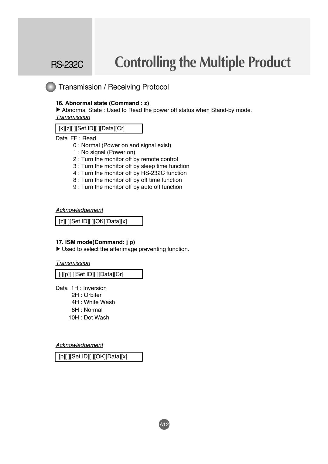 LG Electronics M4210LCBA owner manual Abnormal state Command z, ISM modeCommand j p 