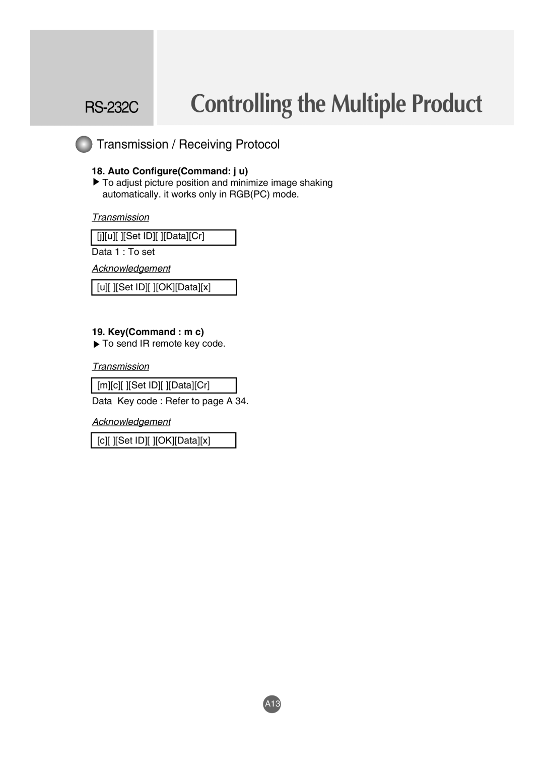 LG Electronics M4210LCBA owner manual Auto ConfigureCommand j u, KeyCommand m c 