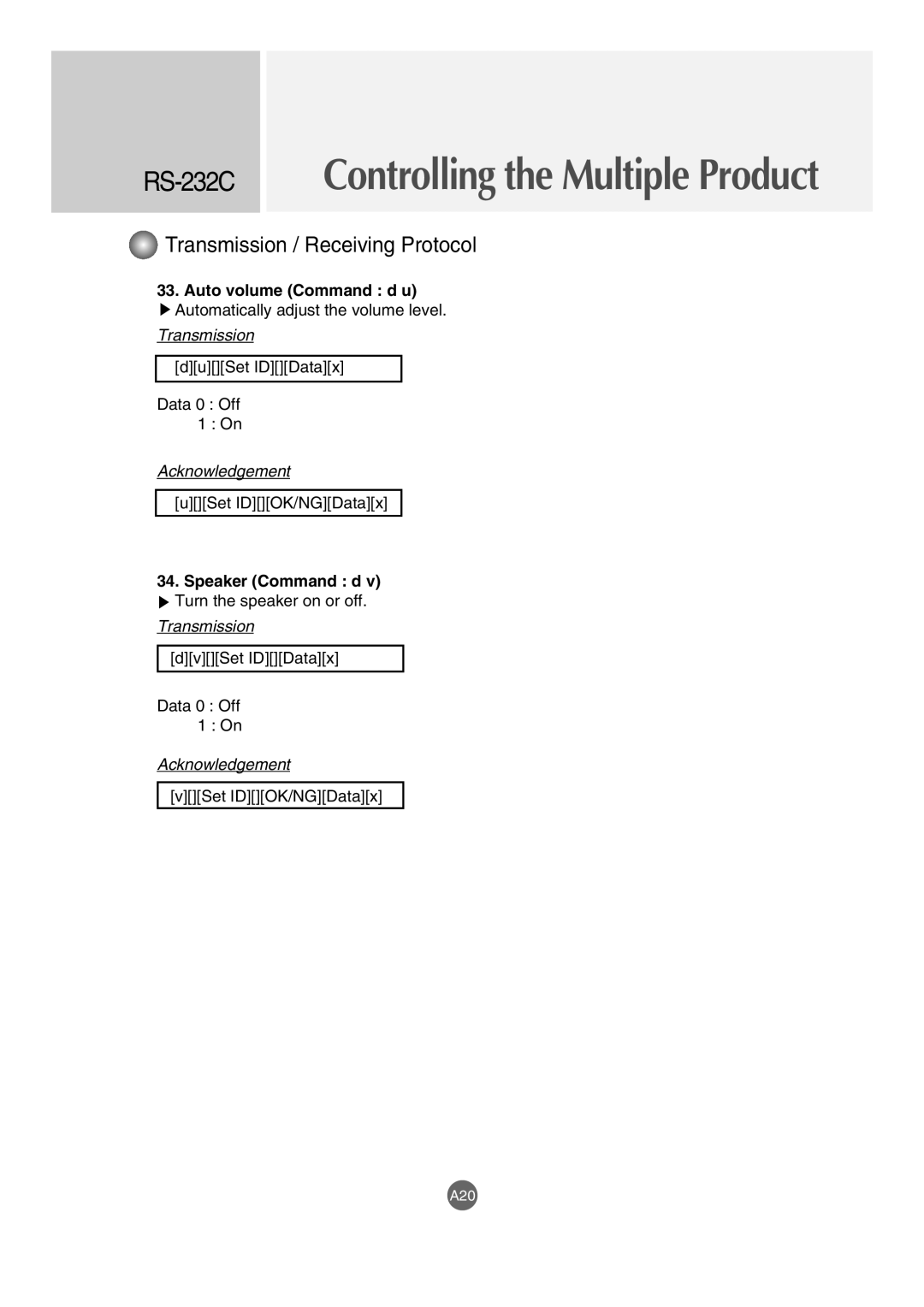 LG Electronics M4210LCBA owner manual Auto volume Command d u, Speaker Command d 