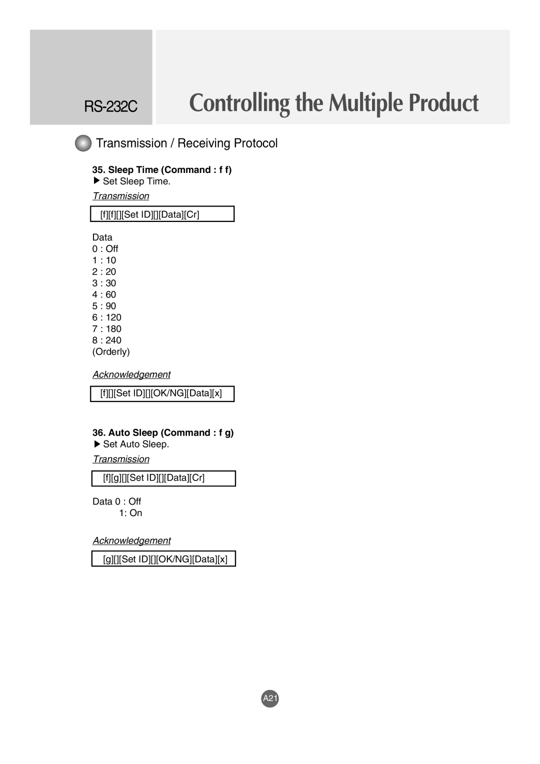 LG Electronics M4210LCBA owner manual Sleep Time Command f f, Auto Sleep Command f g 