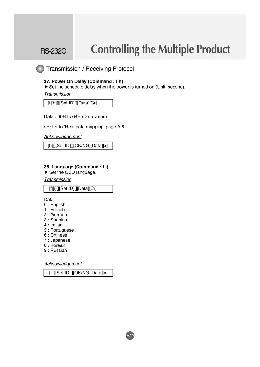 LG Electronics M4210LCBA owner manual Power On Delay Command f h, Language Command f 