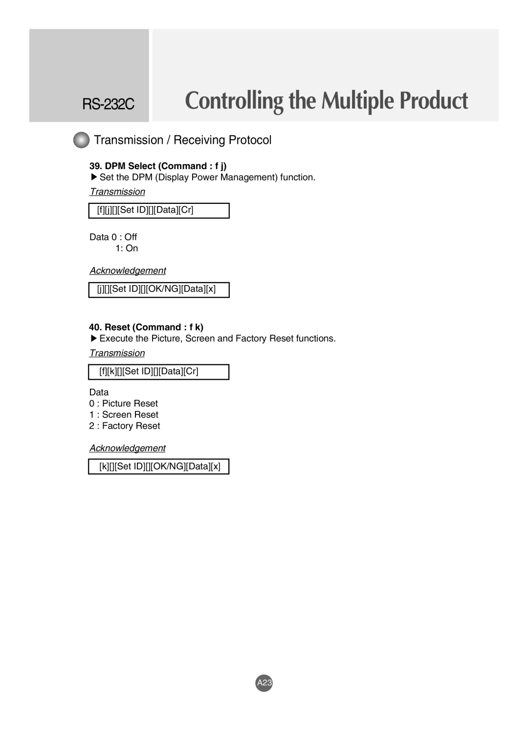 LG Electronics M4210LCBA owner manual DPM Select Command f j, Reset Command f k 