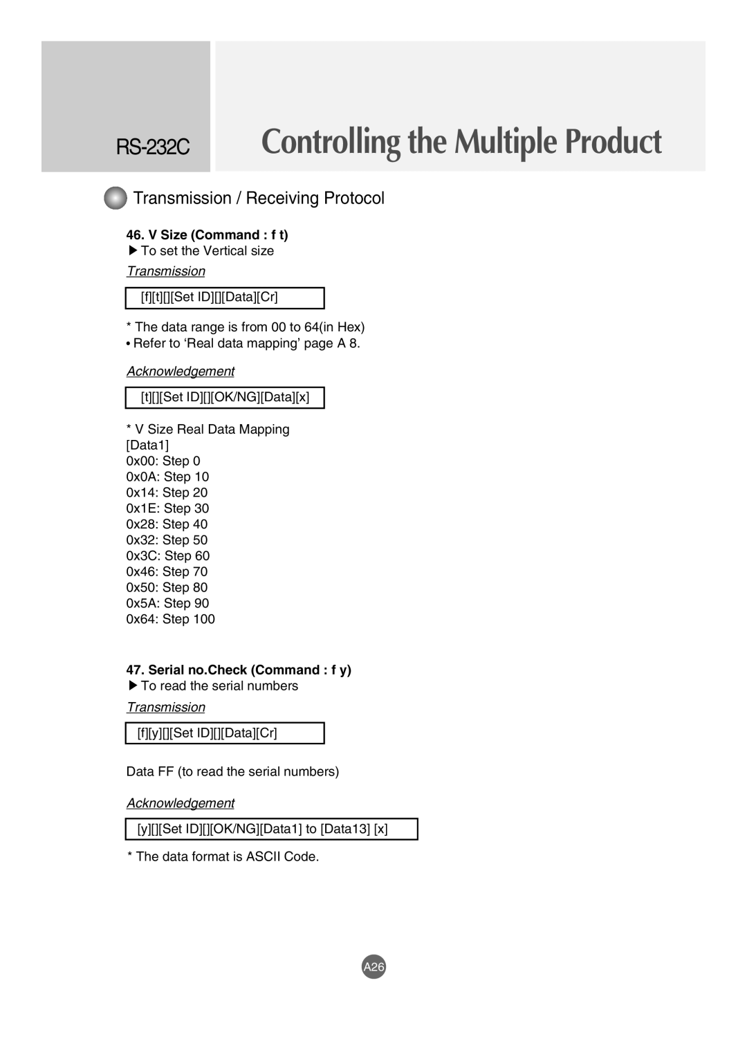 LG Electronics M4210LCBA owner manual Size Command f t, Serial no.Check Command f y 