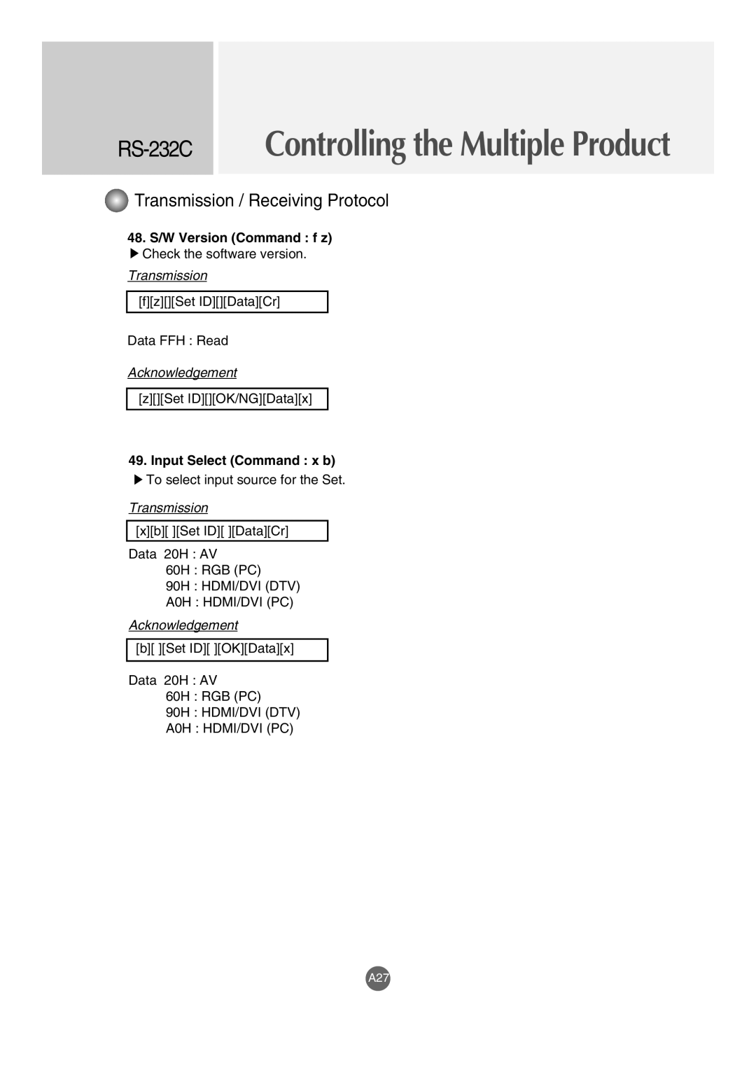 LG Electronics M4210LCBA owner manual 48. S/W Version Command f z, Input Select Command x b 