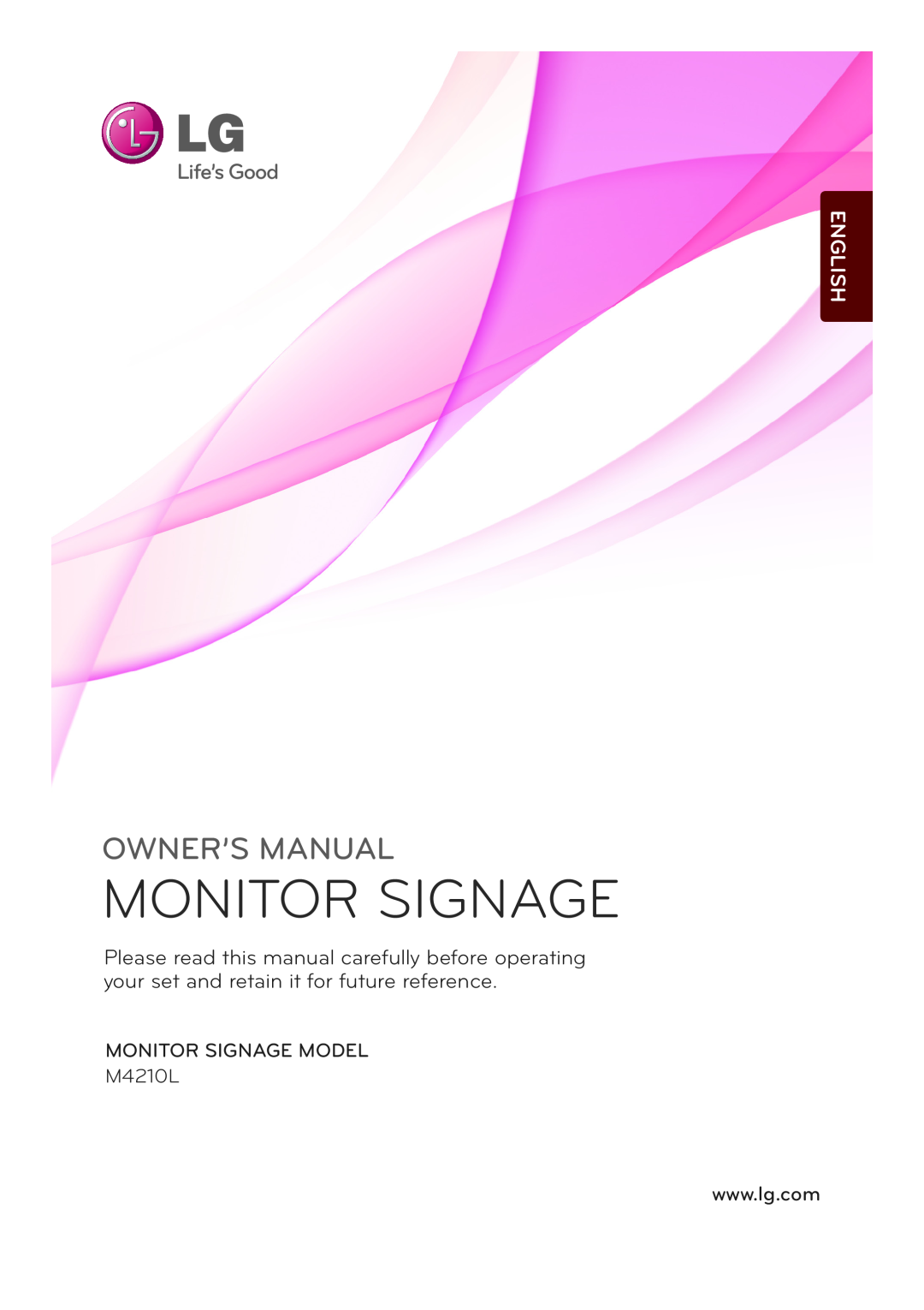 LG Electronics M4210LCBA owner manual Monitor Signage, Owner’S Manual, English, MONITOR SIGNAGE MODEL M4210L 
