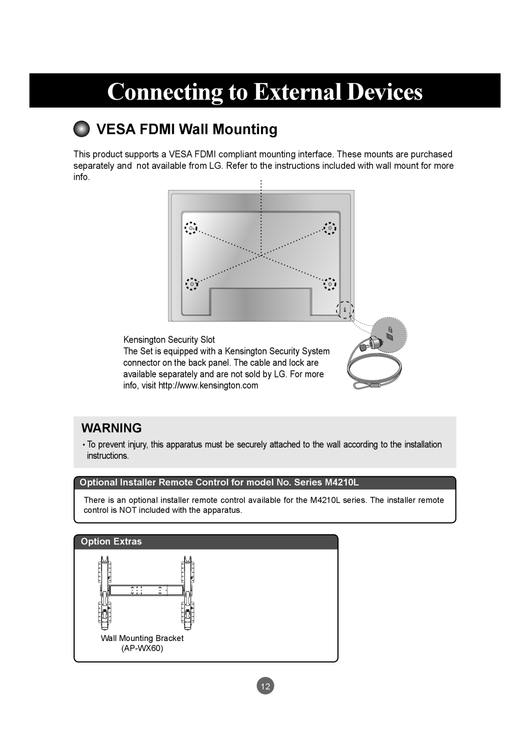 LG Electronics M4210LCBA owner manual VESA FDMI Wall Mounting, Connecting to External Devices, Option Extras 