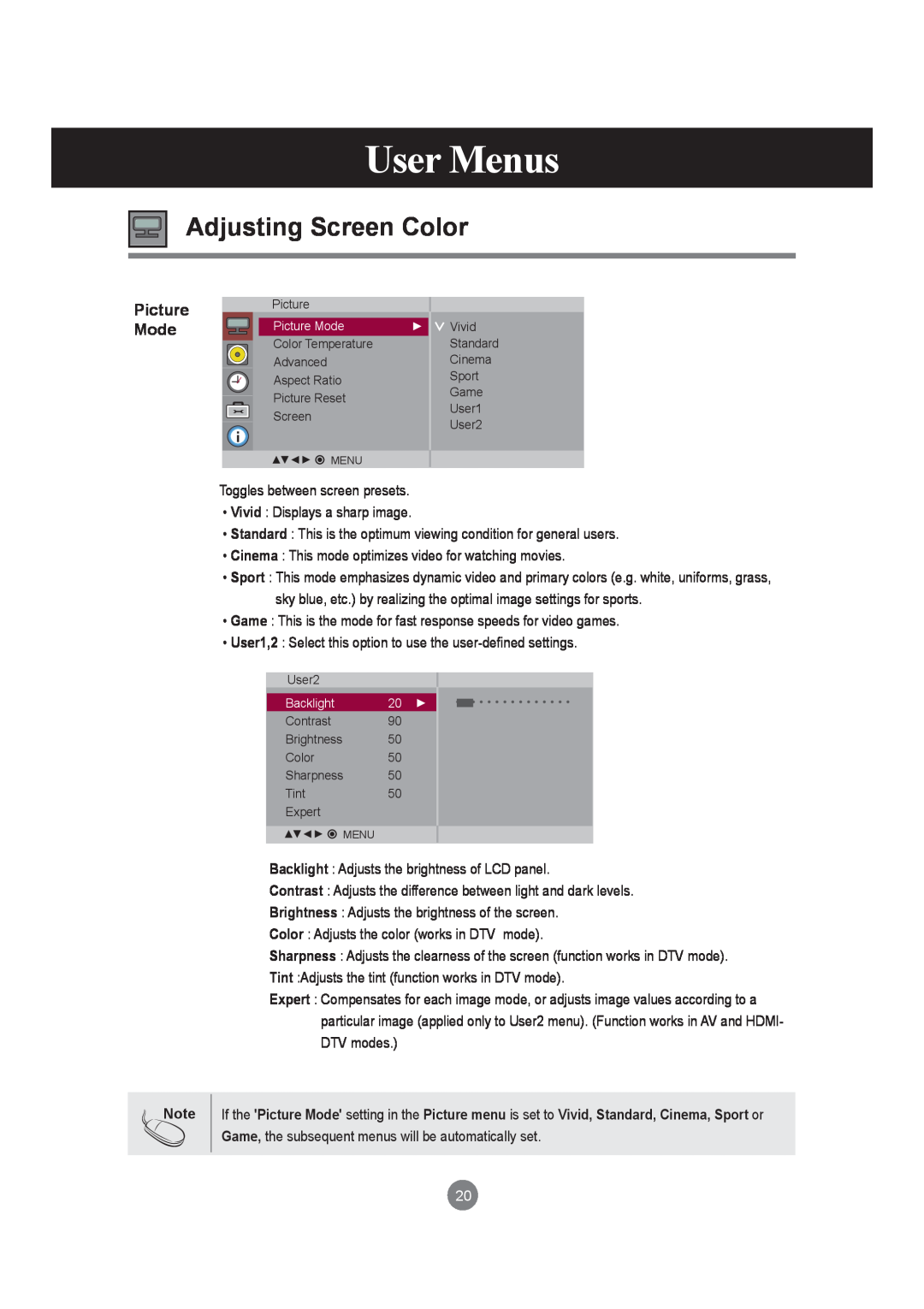 LG Electronics M4210LCBA owner manual Adjusting Screen Color, User Menus, Picture Mode 