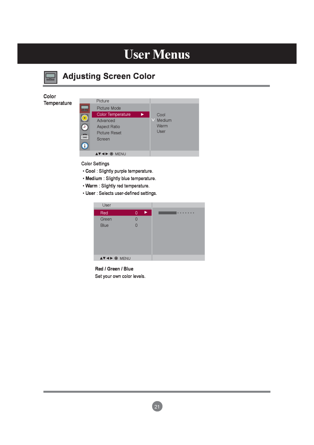 LG Electronics M4210LCBA owner manual Adjusting Screen Color, User Menus, Red / Green / Blue, Color Temperature 