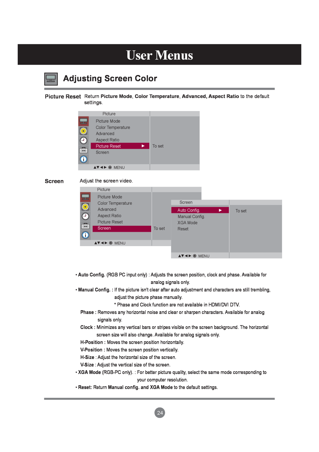 LG Electronics M4210LCBA owner manual User Menus, Adjusting Screen Color 