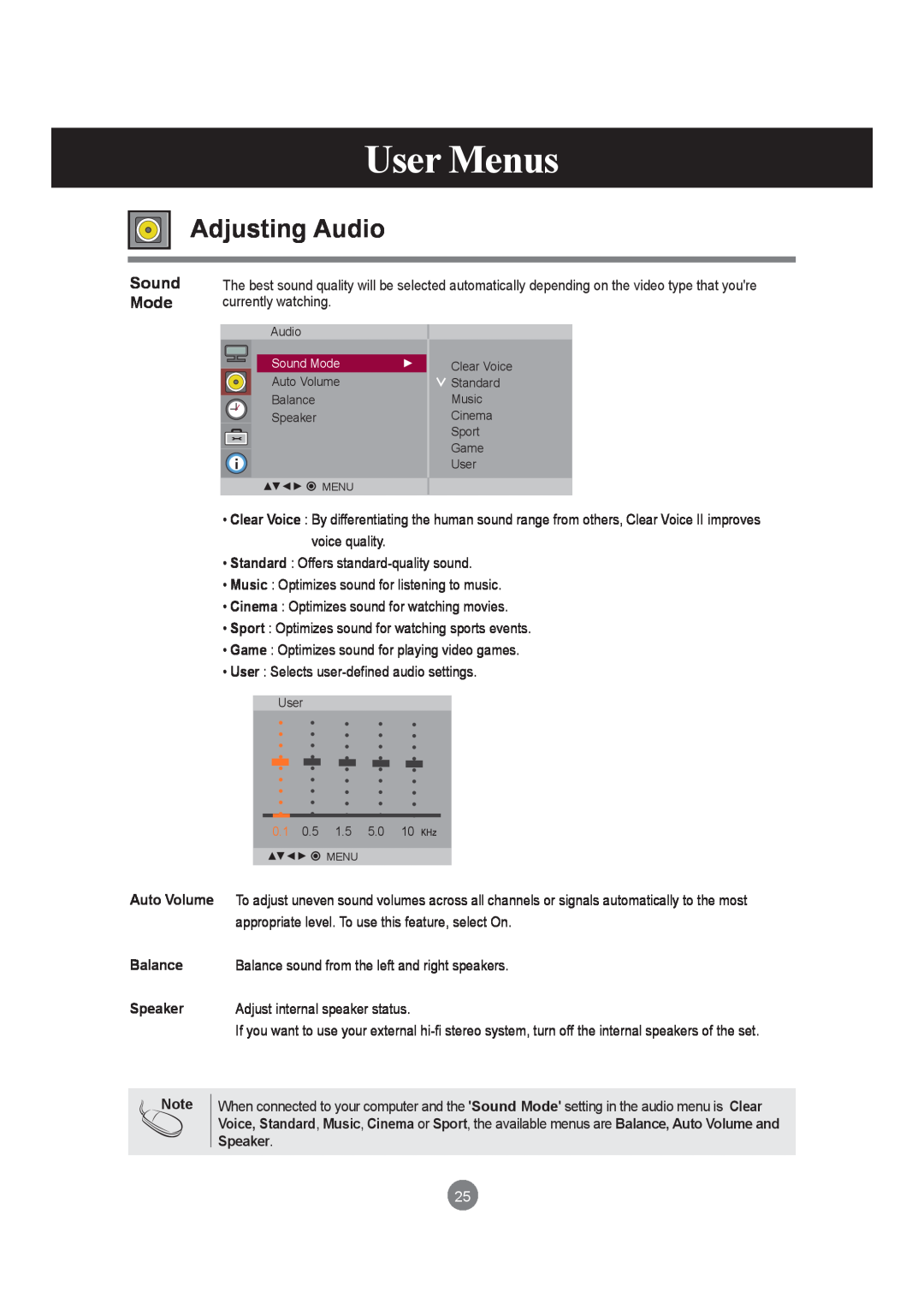 LG Electronics M4210LCBA owner manual Adjusting Audio, User Menus, Sound Mode, Auto Volume, Balance, Speaker 