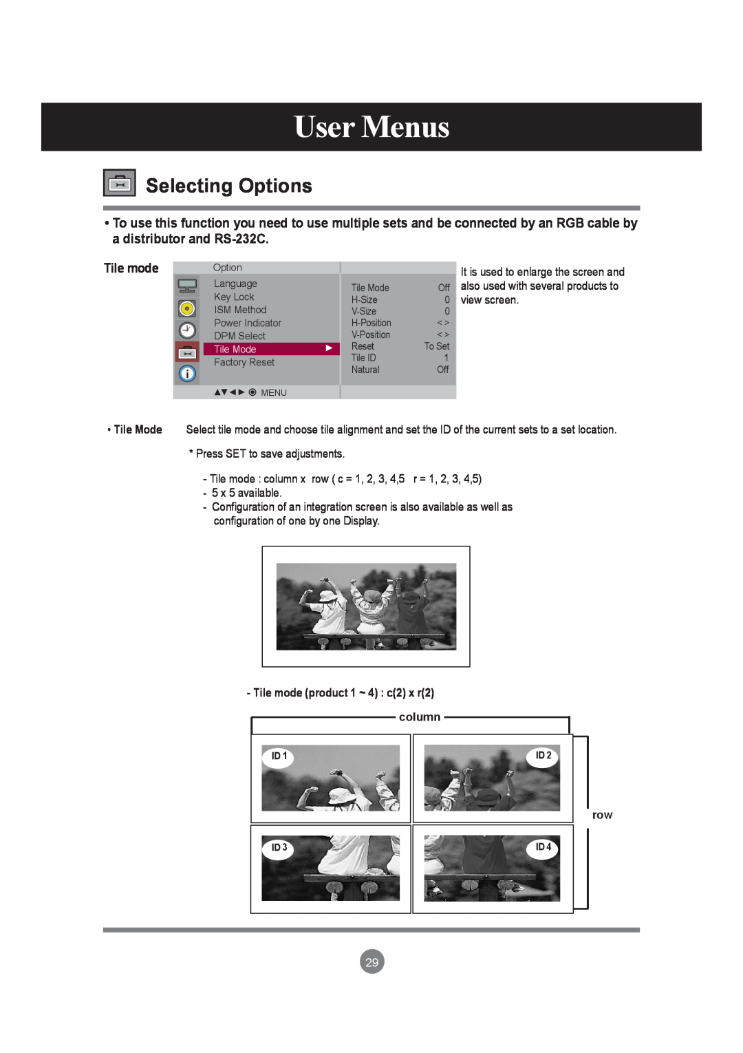 LG Electronics M4210LCBA owner manual Selecting Options, User Menus, Tile mode 