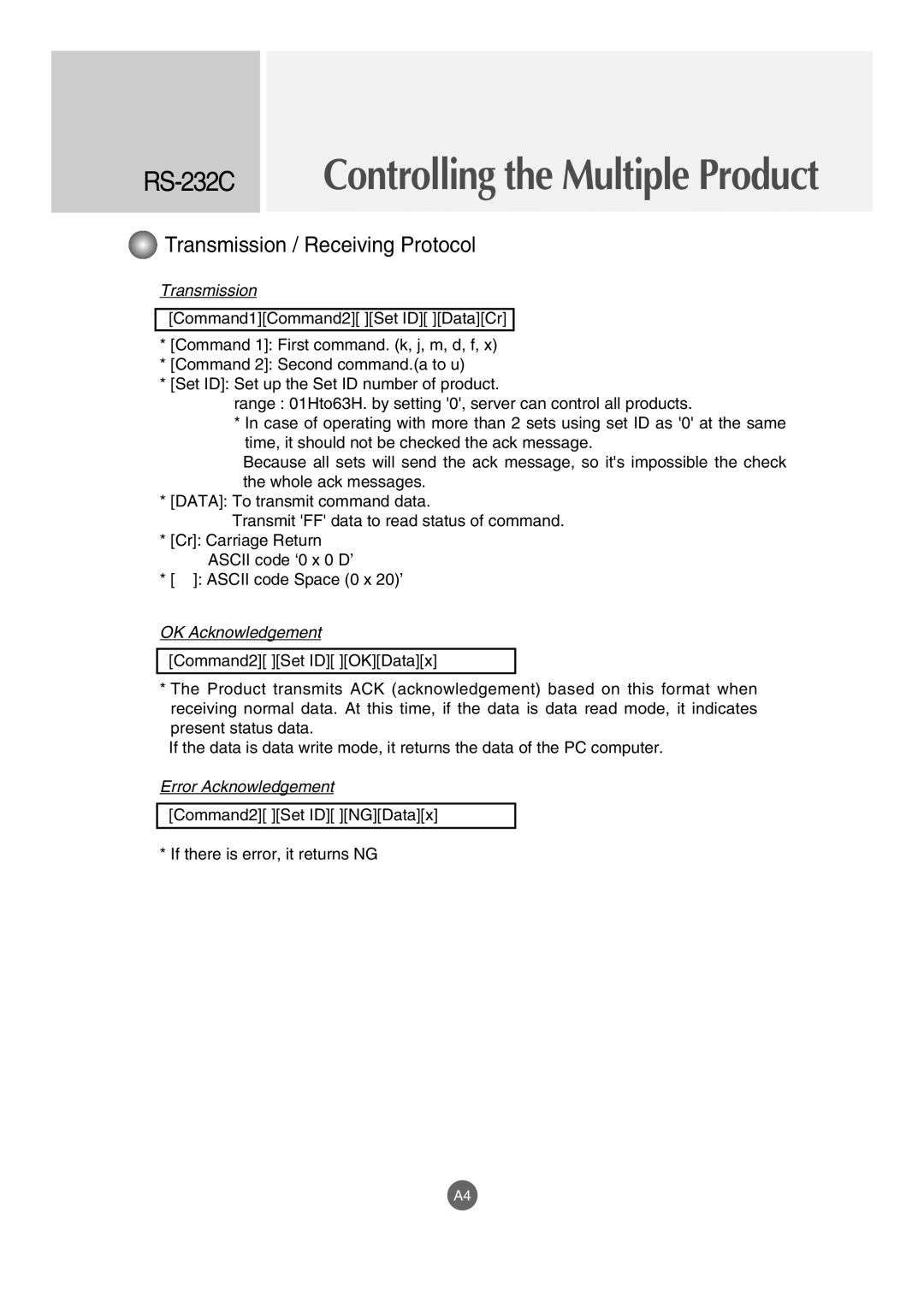LG Electronics M4210LCBA Transmission / Receiving Protocol, RS-232C Controlling the Multiple Product, OK Acknowledgement 