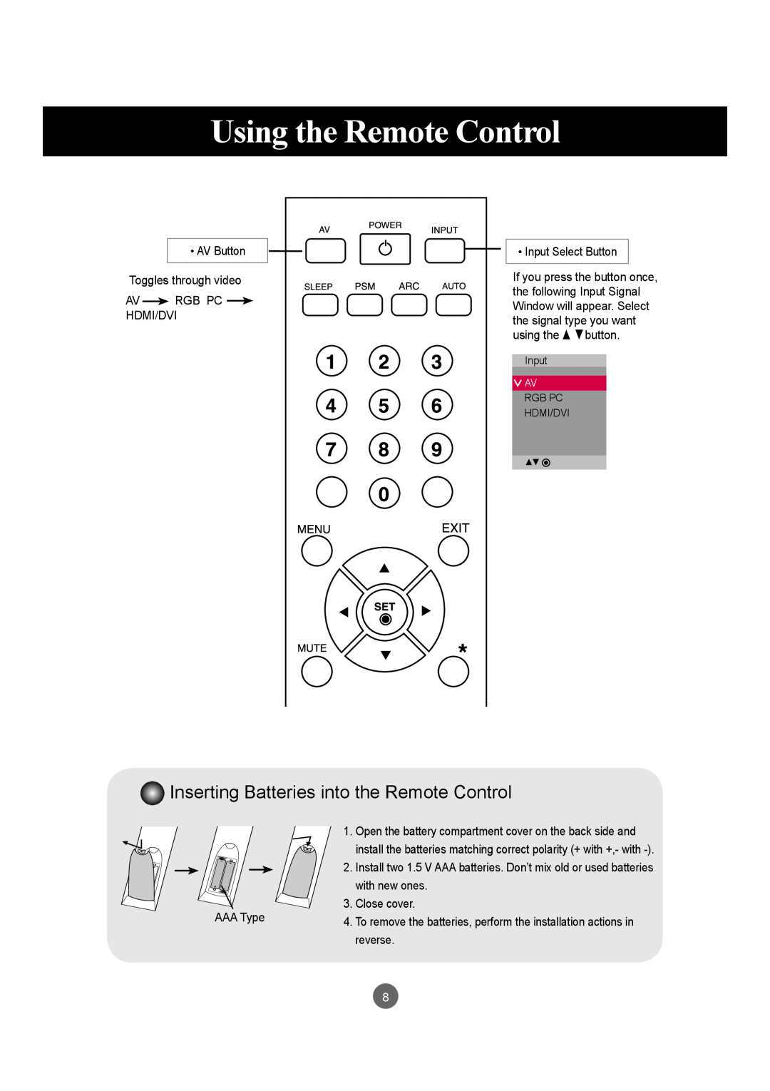 LG Electronics M4210LCBA owner manual Using the Remote Control, Inserting Batteries into the Remote Control 
