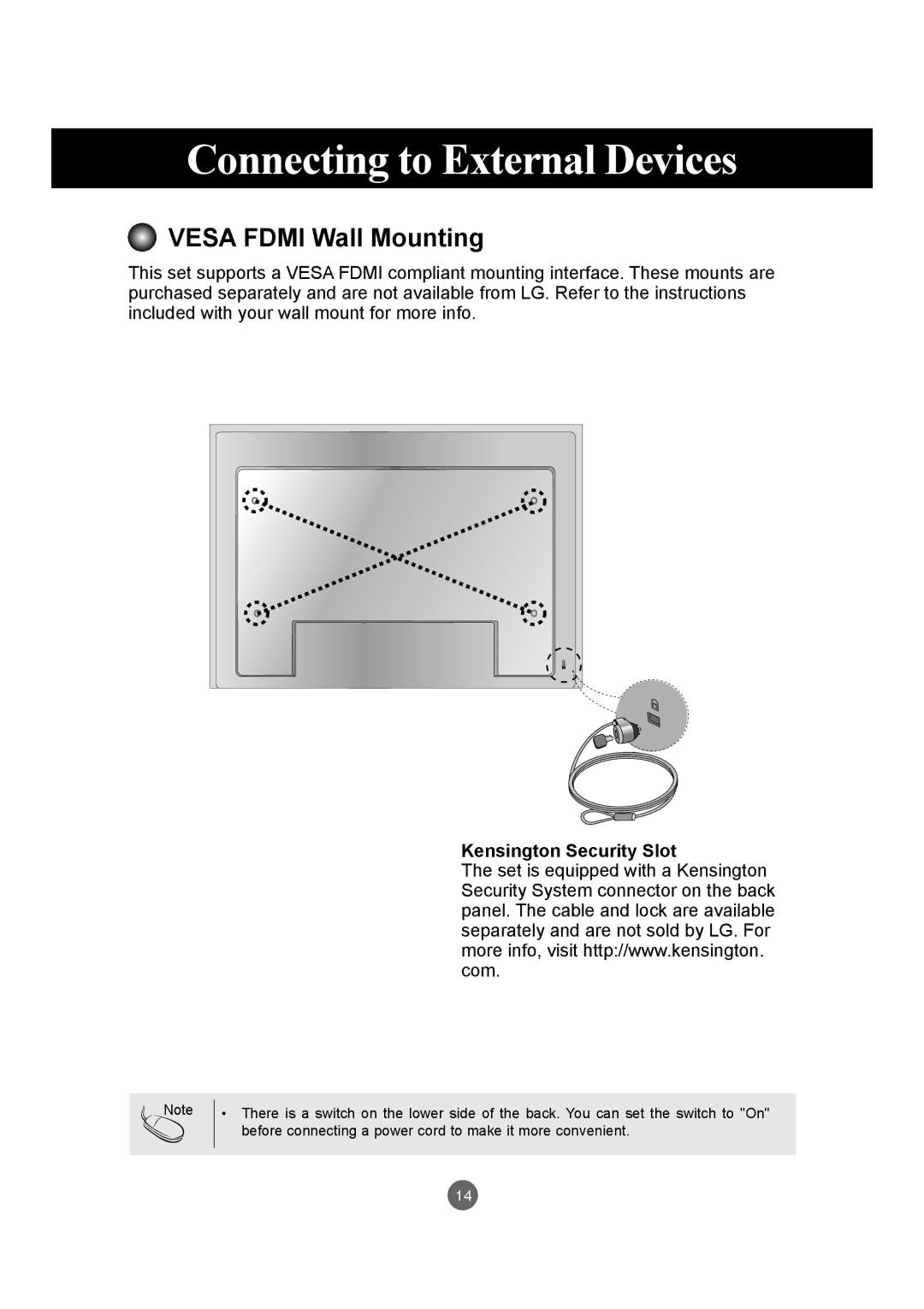 LG Electronics M4214CCBA owner manual Vesa Fdmi Wall Mounting, Kensington Security Slot 