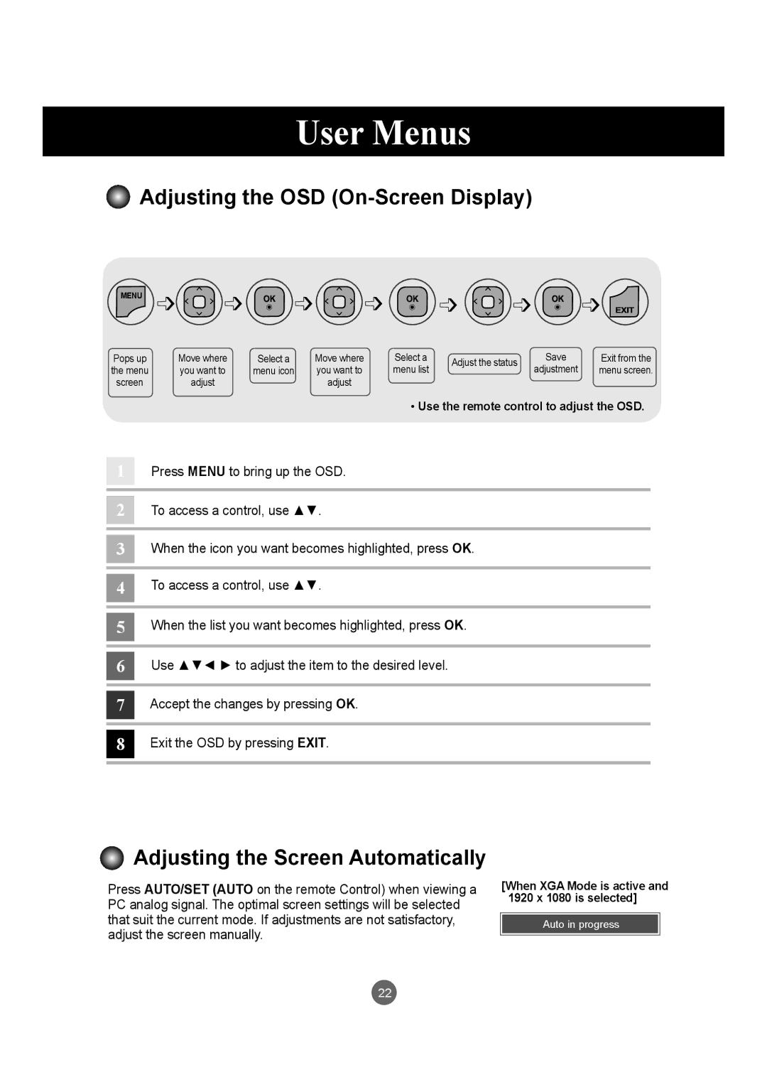 LG Electronics M4214CCBA owner manual Adjusting the OSD On-Screen Display, Adjusting the Screen Automatically 