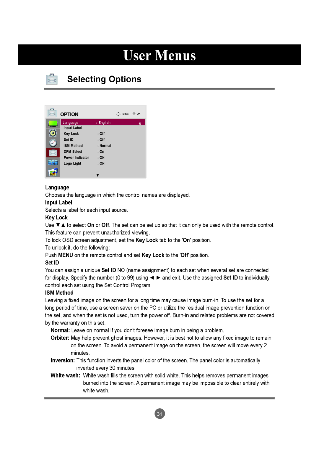 LG Electronics M4214CCBA owner manual Selecting Options 