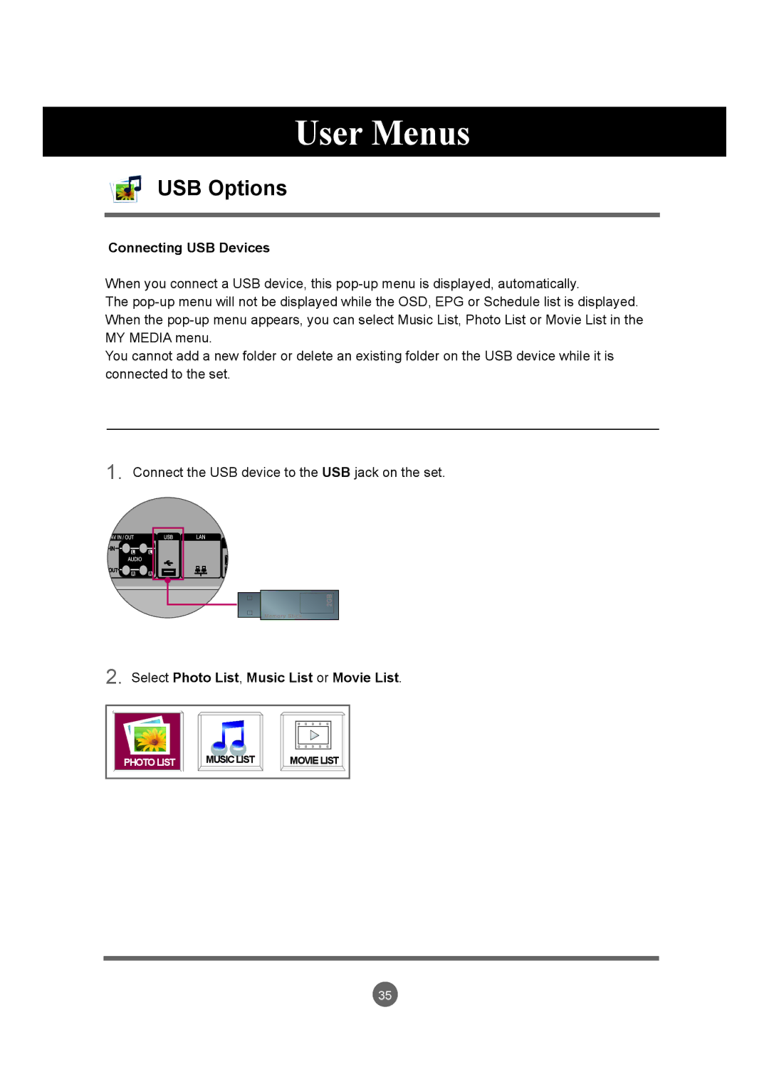 LG Electronics M4214CCBA owner manual USB Options, Connecting USB Devices, Select Photo List, Music List or Movie List 