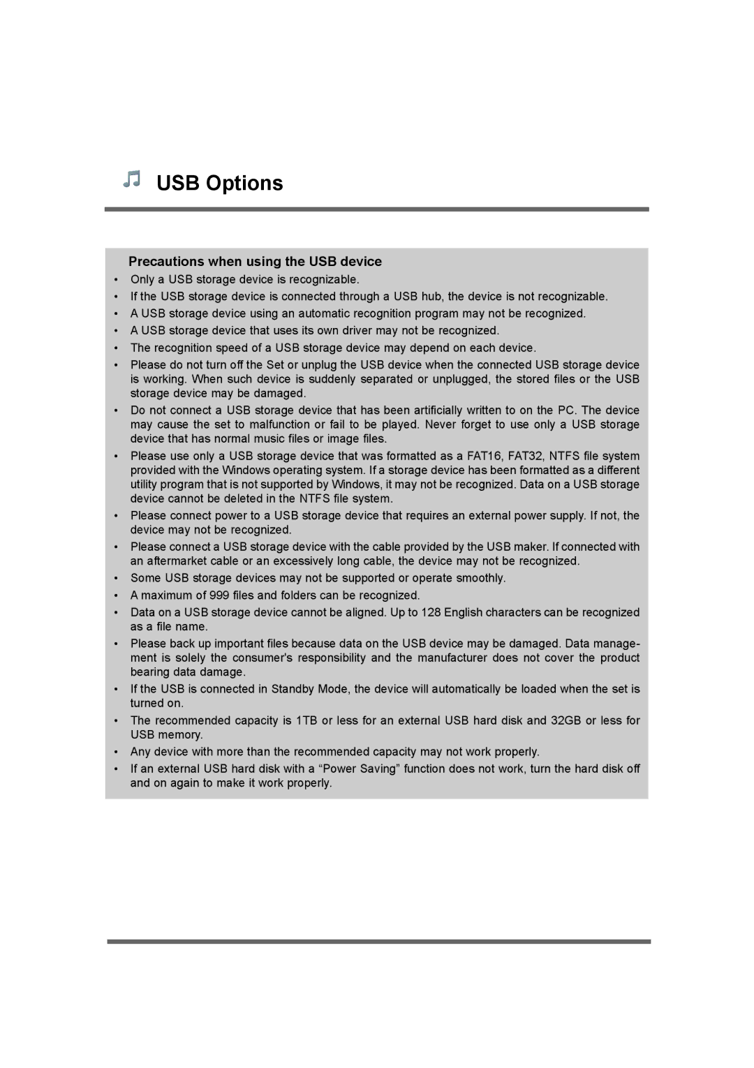 LG Electronics M4214CCBA owner manual Precautions when using the USB device 