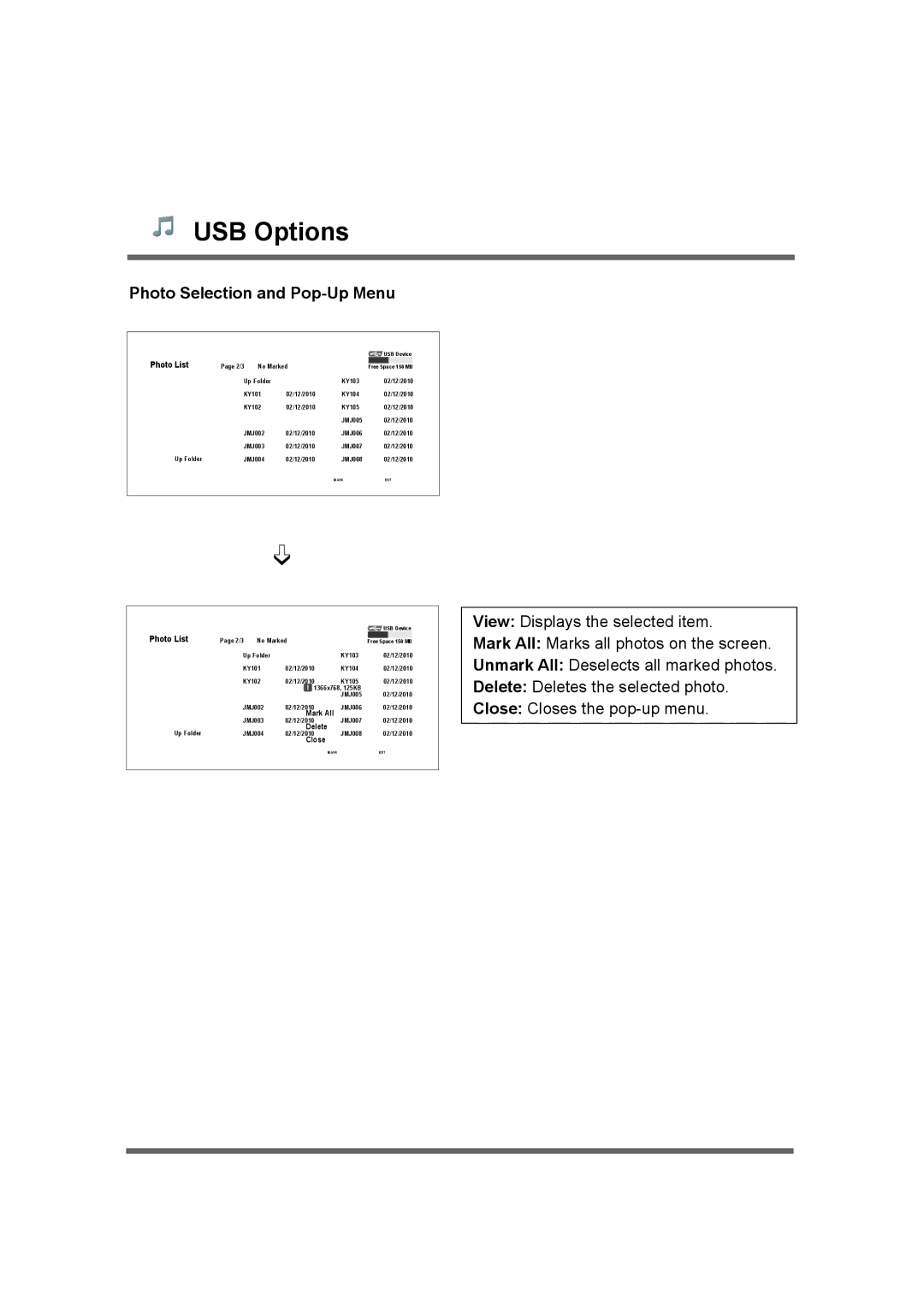 LG Electronics M4214CCBA owner manual Photo Selection and Pop-Up Menu, Photo List 