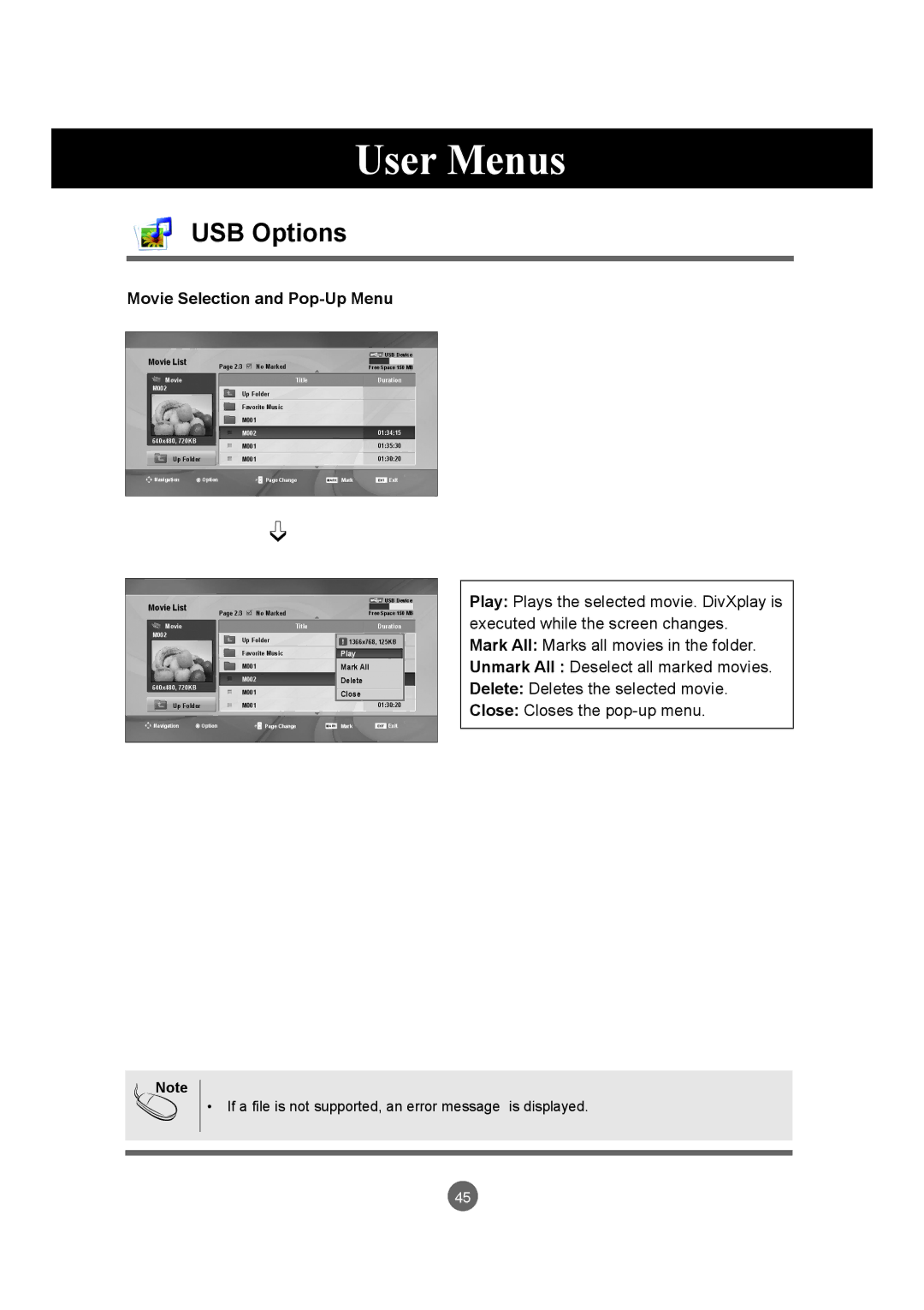 LG Electronics M4214CCBA owner manual Movie Selection and Pop-Up Menu, Movie List 