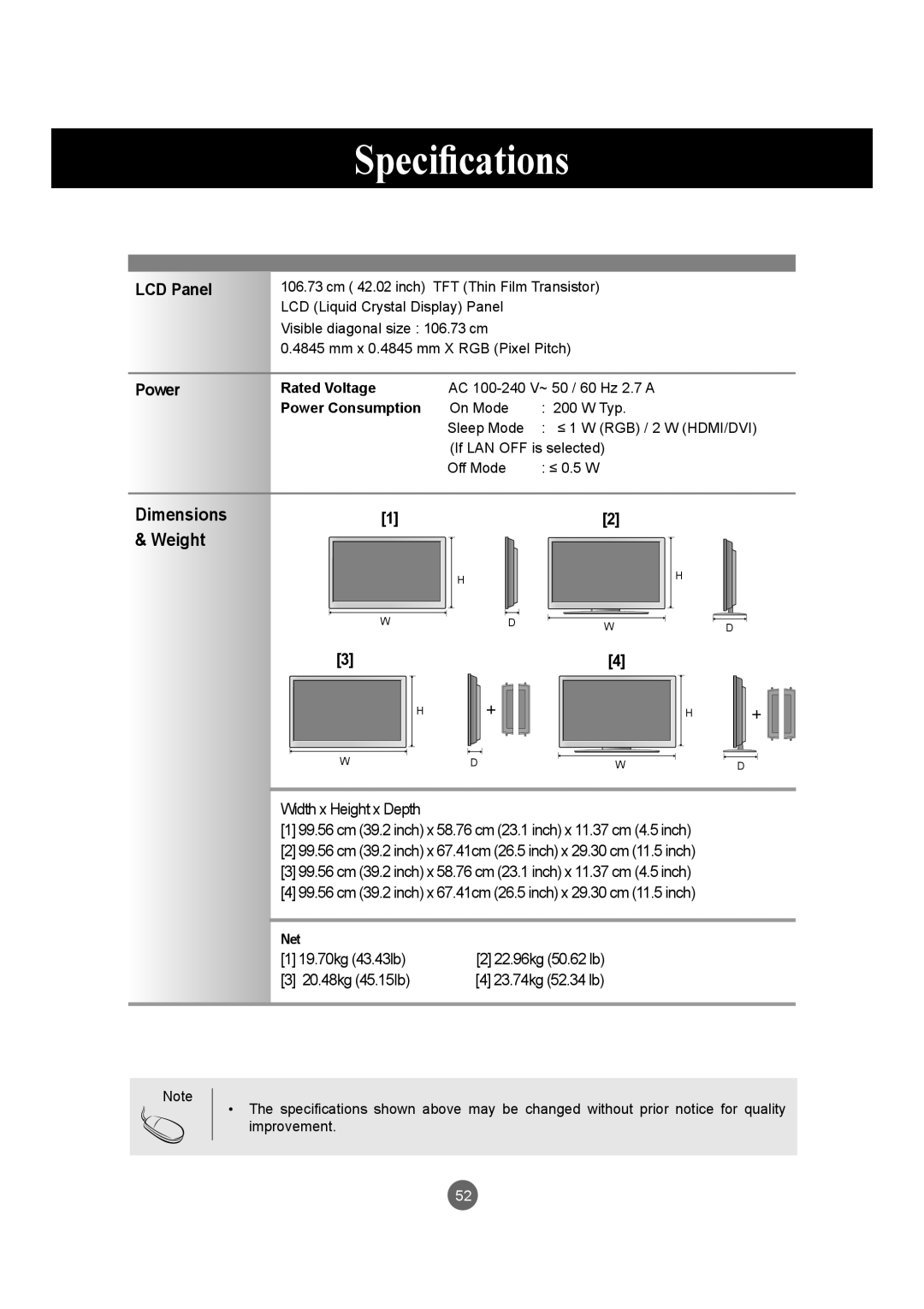 LG Electronics M4214CCBA owner manual Specifications, LCD Panel, Power, Rated Voltage, Net 