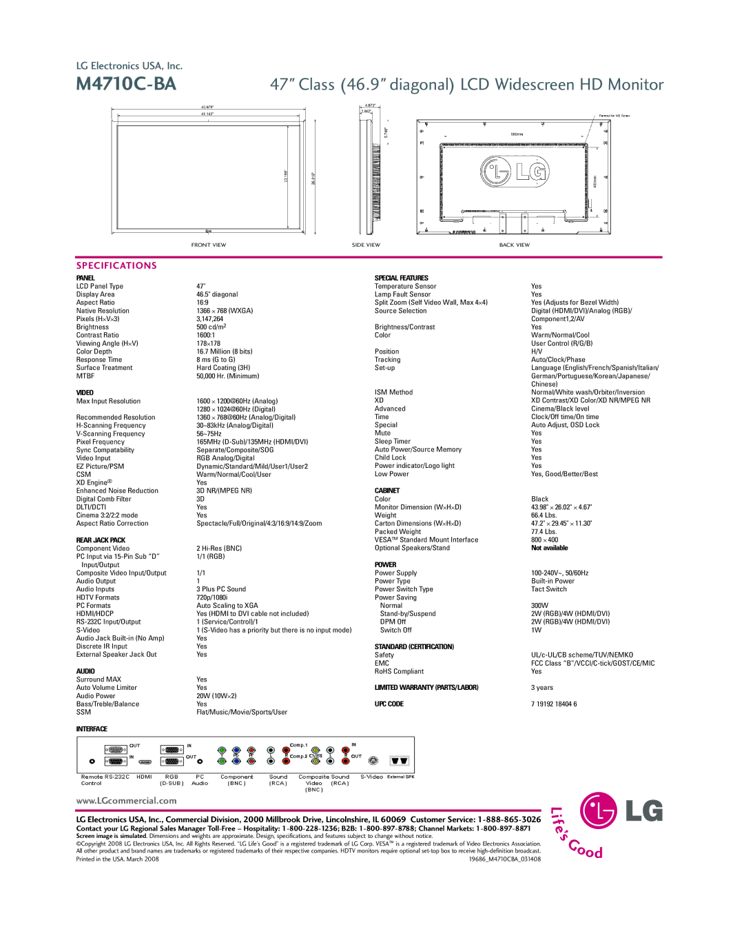 LG Electronics M4710C-BA Panel Special Features, Video, Cabinet, Rear Jack Pack, Power, Standard Certification, Audio 