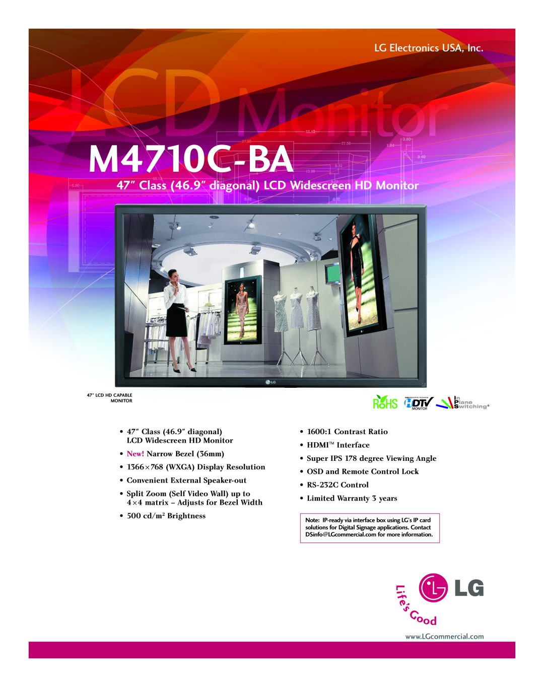 LG Electronics M4710C-BA warranty Class 46.9 diagonal LCD Widescreen HD Monitor, LG Electronics USA, Inc 