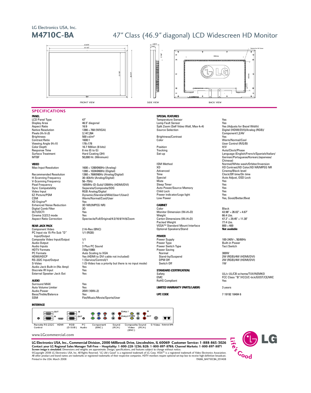 LG Electronics M4710C-BA warranty Class 46.9 diagonal LCD Widescreen HD Monitor, LG Electronics USA, Inc, Specifications 