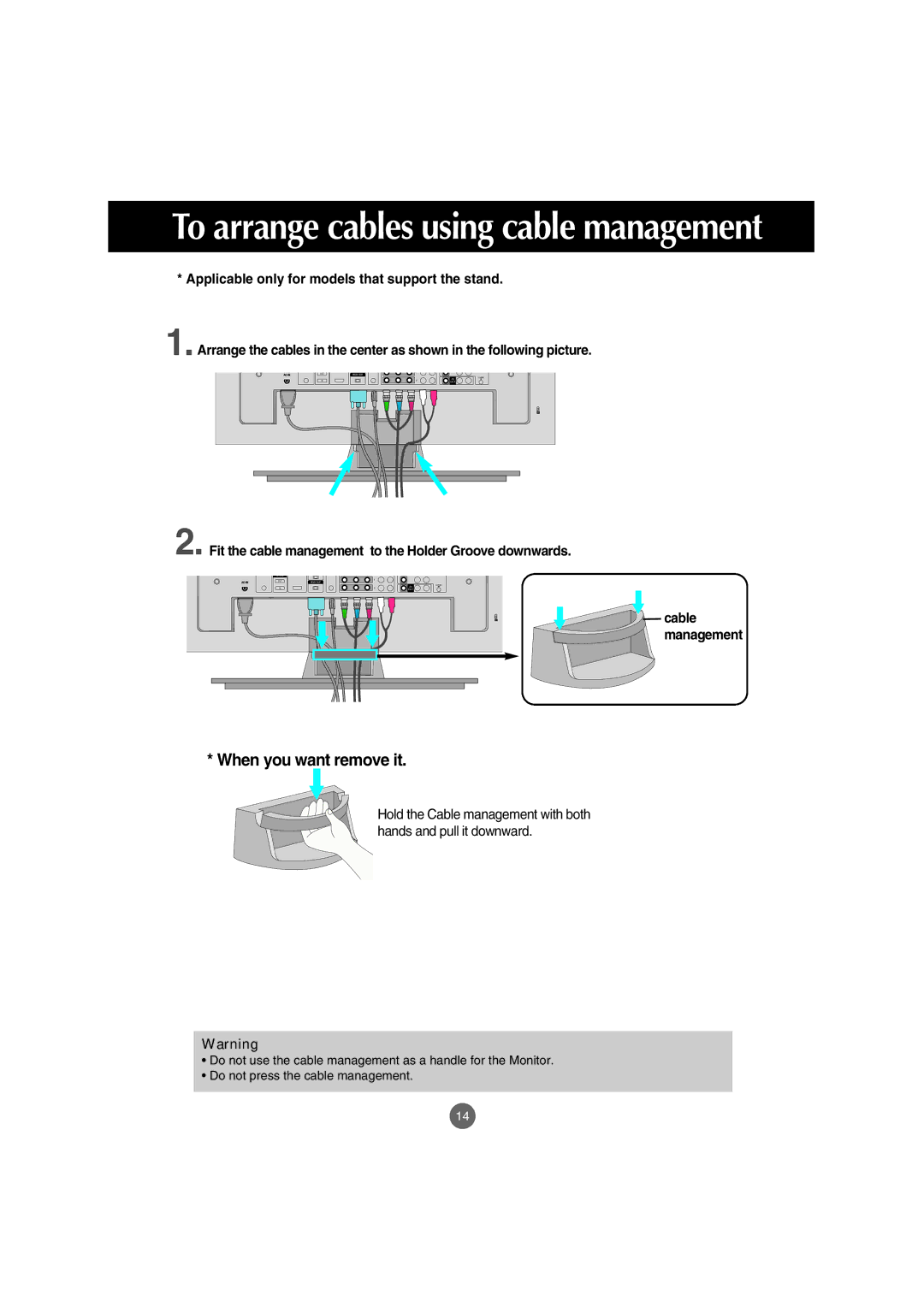 LG Electronics M4710C manual Fit the cable management to the Holder Groove downwards, Cable management 