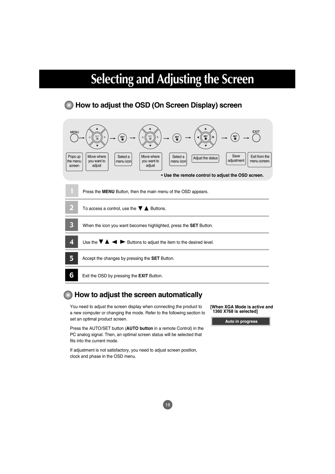 LG Electronics M4710C manual How to adjust the OSD On Screen Display screen, How to adjust the screen automatically 